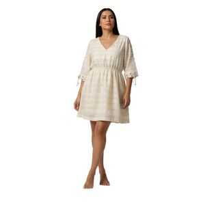 Sedge Linda Fringe Dress White Small NWT V-Neck 3/4 Sleeve Cross Stitch Boho